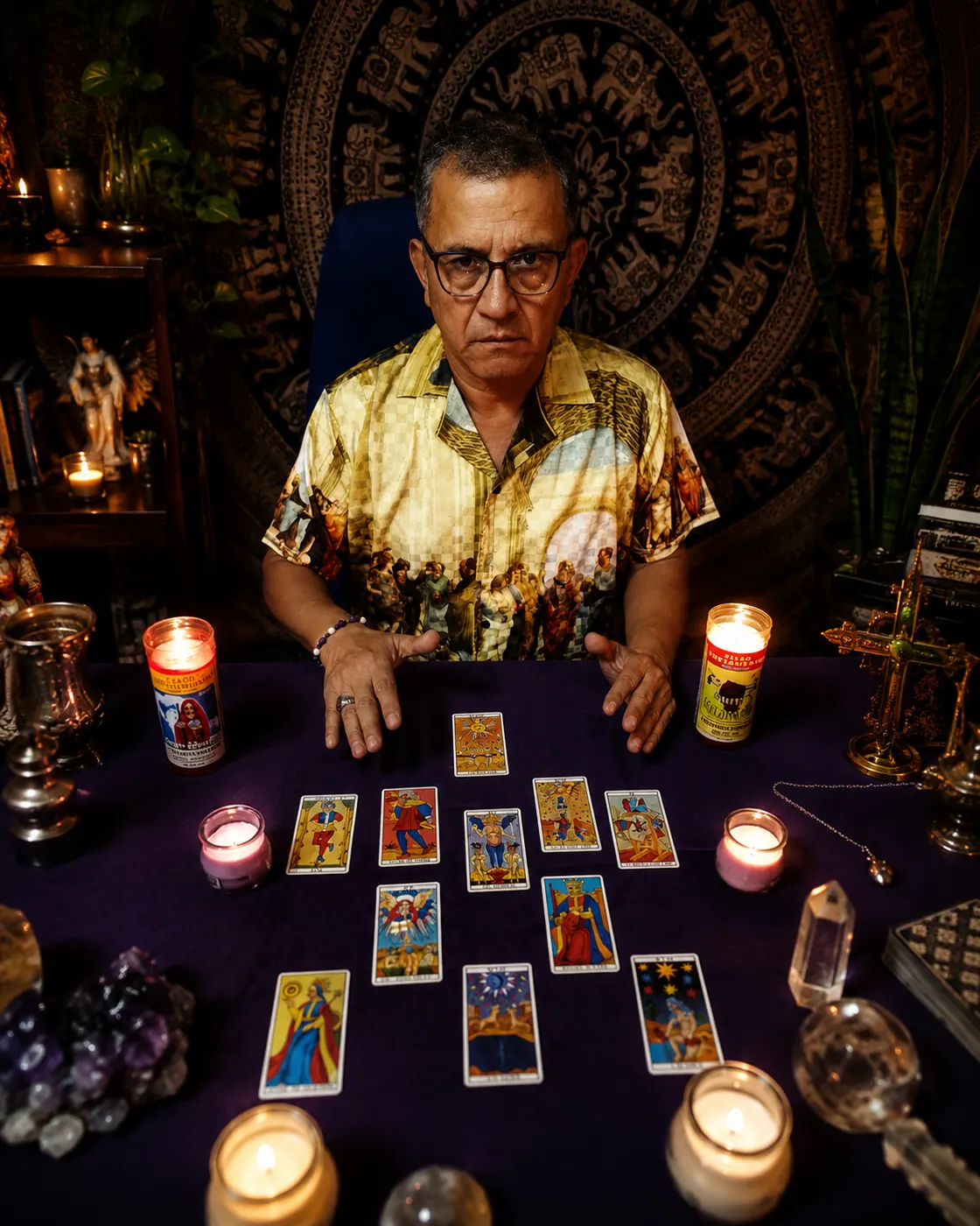 Nazario Tarotista en su consulta de Madrid, con una tirada de tarot extendida sobre el tapete y velas encendidas